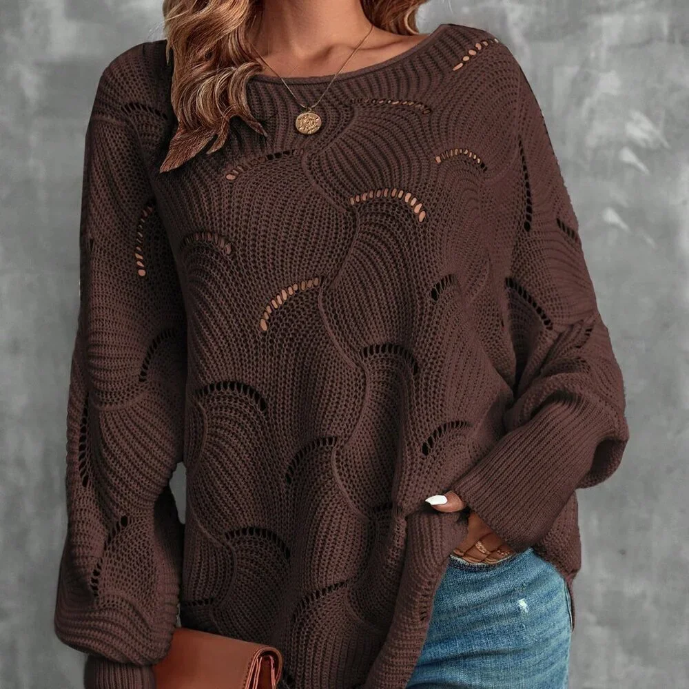 Brown Casual Womens Lantern Sleeve Pointelle Knit Pullover Sweater
